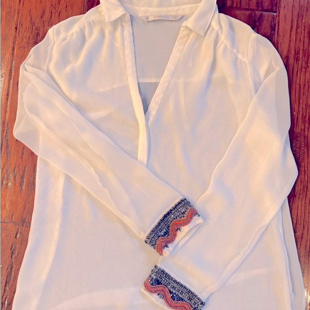 Zara sheer see-through lg shirt with beading